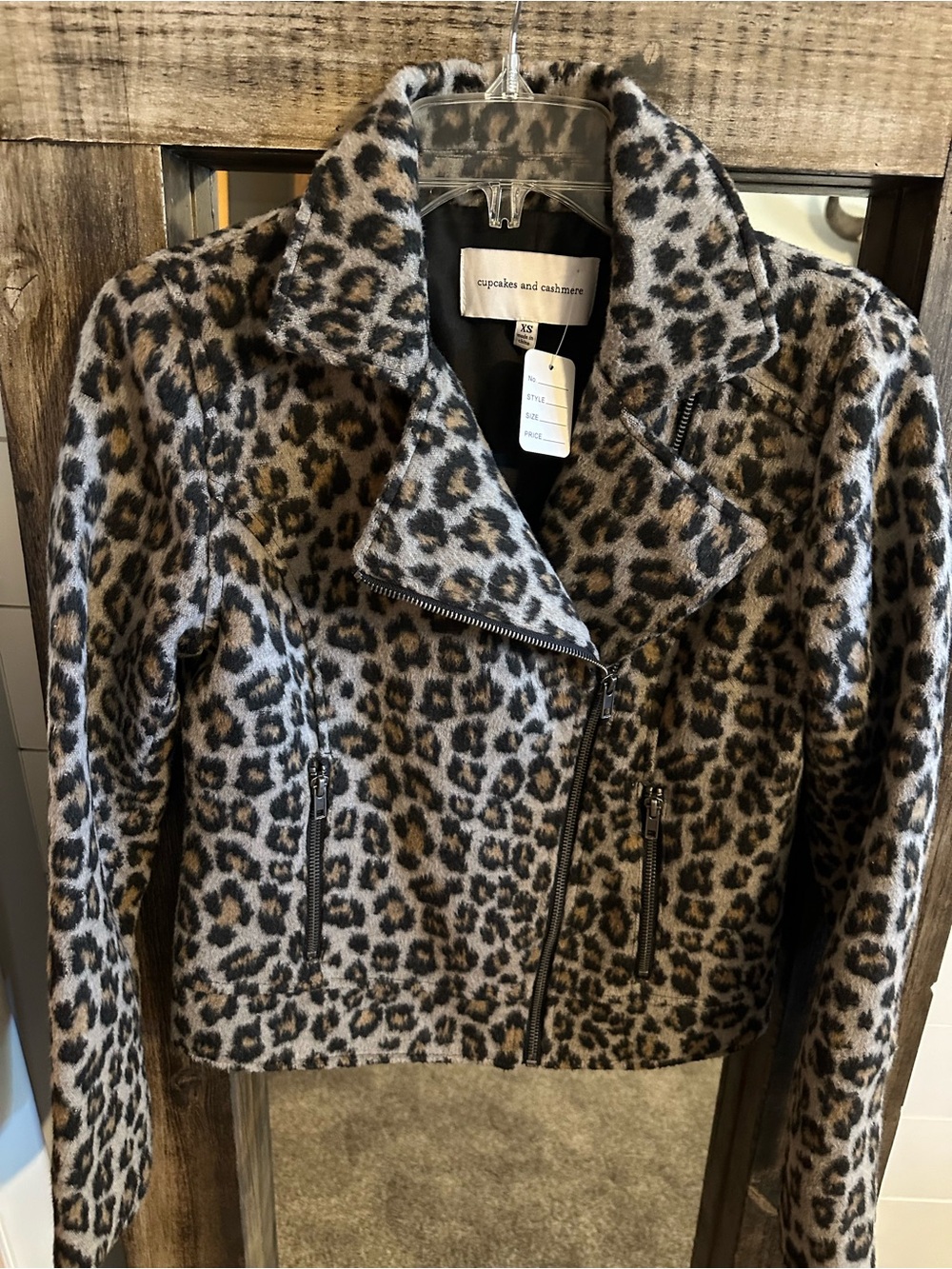 Cupcakes and Cashmere XS Leopard Print Wool Blend Moto Biker Jacket edgy Indie